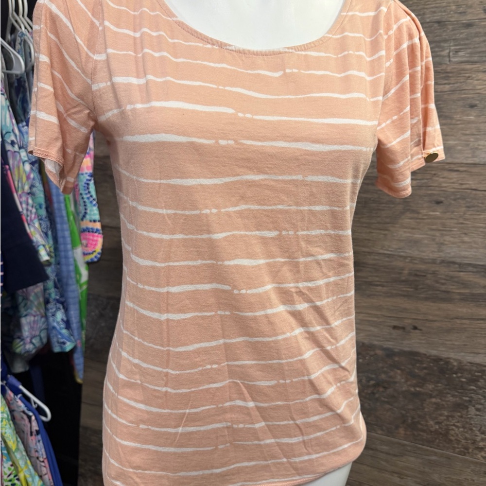 Ann Taylor Factory Peach Striped Short Sleeve Top